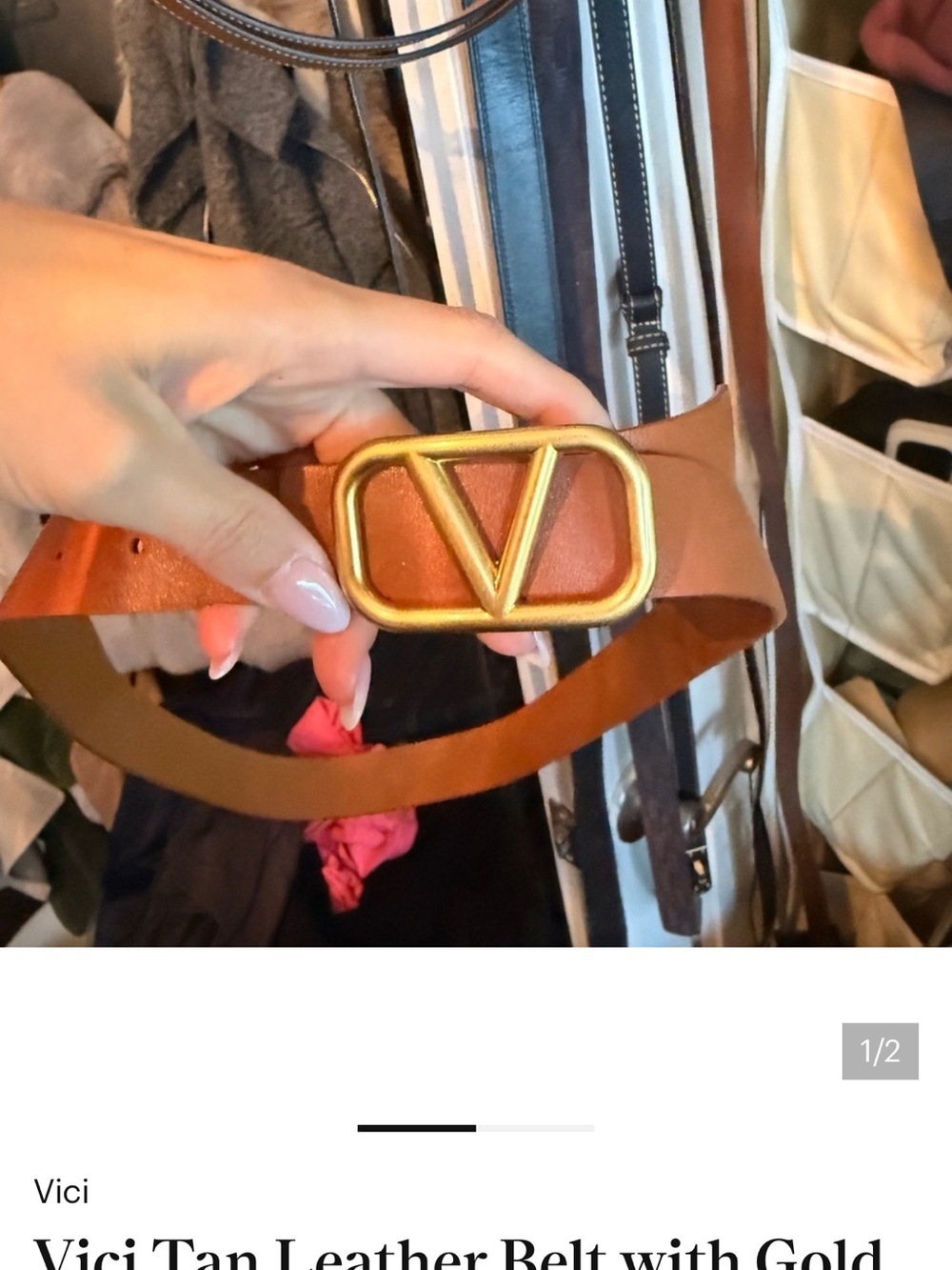 Vici Brown Leather Belt with Gold V Logo Buckle